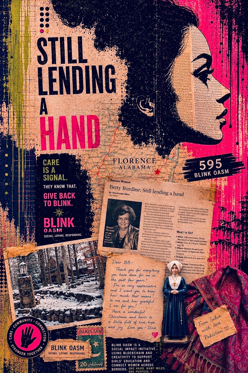 Still Lending a Hand: a mixed-media collage tribute to Betty Burdine, combining her newspaper feature, a map of Florence, Alabama and a handwritten letter